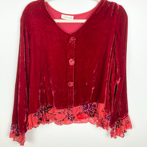 VTG Sareet Womens L Red Velvet Floral Top Holiday Fairy Whimsical Romantic Artsy - Picture 1 of 10